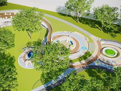 Fun Outdoor Playground With Green Lawn And Trees Winding Paths Circular Play Areas And Slides 3d model