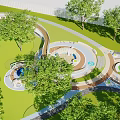 Fun Outdoor Playground With Green Lawn And Trees Winding Paths Circular Play Areas And Slides