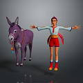 Purple Donkey Standing Next To A Person In Colorful Outfit With Arms Outstretched