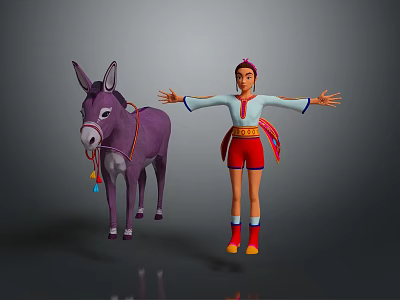 Purple Donkey Standing Next To A Person In Colorful Outfit With Arms Outstretched 3d model
