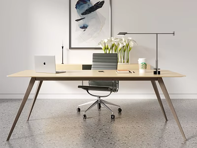 Modern Office Desk Setup With Laptop Table Lamp Flower Vase And Coffee Mug 3d model