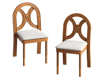 Elegant Wooden Single Chair with Curved Spiral Backrest and White Padded Seat 3d model