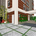 Beautiful Courtyard Garden with Bamboo Plants Red Flowers Green Lawn and Stone Pathway