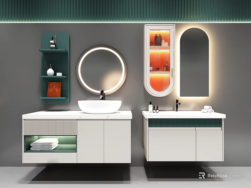 Modern Double Bathroom Vanity With Green White Cabinet Round Illuminated Mirror And Storage 3d model 