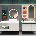 Modern Double Bathroom Vanity With Green White Cabinet Round Illuminated Mirror And Storage