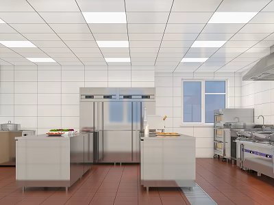 Commercial Kitchen Interior With Stainless Steel Appliances Countertops And Cooking Equipment 3d model