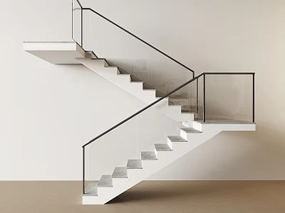 Minimalist Staircase With White Steps And Glass Railings In Neutral Tone 3d model