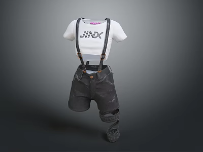 Casual White T Shirt With JINX Lettering And Black Distressed Suspender Shorts 3d model