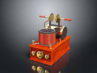 Vintage Household Device With Wooden Base Red Coil Metal Discs Red Handles And Round Knobs 3d model