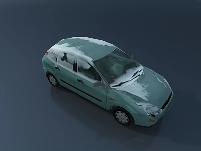 Light Green Car Covered With Snow On Roof And Windshield In Winter 3d model