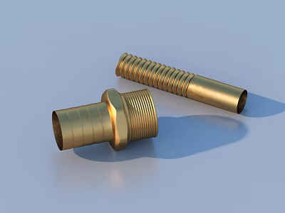 Two Brass Threaded Pipe Fittings With Cylindrical Design And Shiny Surface 3d model