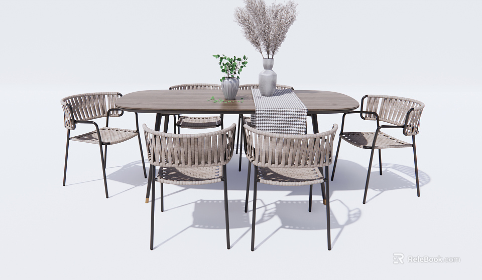 Round Wooden Dining Table Set with Rattan Chairs Metal Frames and Dried Flower Decor 3d model 