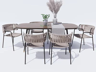 Round Wooden Dining Table Set with Rattan Chairs Metal Frames and Dried Flower Decor 3d model