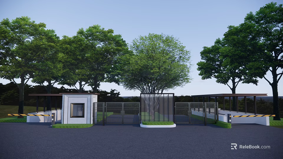 Modern Entrance Gate With Green Trees Metal Fence And Black Pavement 3d model 