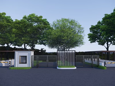 Modern Entrance Gate With Green Trees Metal Fence And Black Pavement 3d model