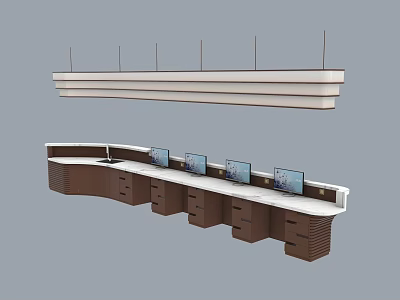 Modern Curved Bar Counter With White Top Multiple Monitors Wooden Drawers And Hanging Lights 3d model