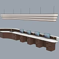 Modern Curved Bar Counter With White Top Multiple Monitors Wooden Drawers And Hanging Lights