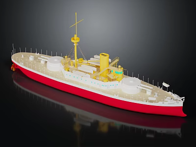 Red and White Warship Model With Yellow Mast and Deck Equipment 3d model