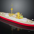 Red and White Warship Model With Yellow Mast and Deck Equipment