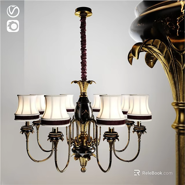 Elegant Vintage Brass Chandelier With White Fabric Shades And Ornate Details 3d model 