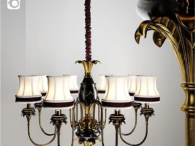 Elegant Vintage Brass Chandelier With White Fabric Shades And Ornate Details 3d model