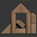 Light Wood Color Wooden Blocks with Triangle Rectangle Cylinder Shapes Stacked into House Like Structure