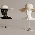 Wide Brim Striped and Beige Straw Hats on Black and White Mannequin Heads