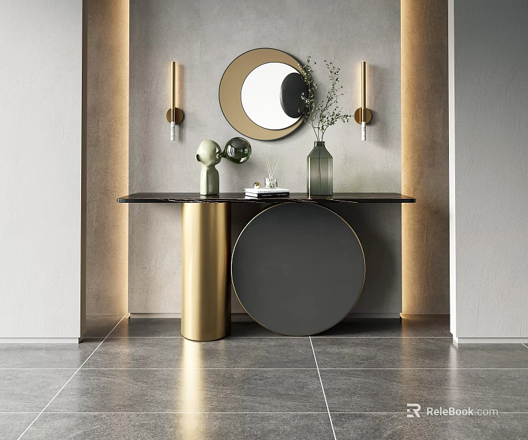Modern Console Table With Round Mirror Golden Legs Wall Sconces And Vase Decor 3d model 