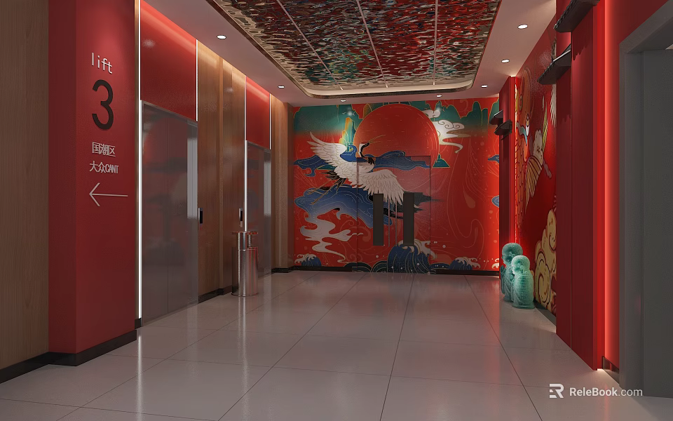 Elevator Hallway With Red Walls Decorative Ceiling And Crane Landscape Murals 3d model