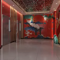 Elevator Hallway With Red Walls Decorative Ceiling And Crane Landscape Murals 3d model