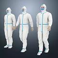 Woman In White Protective Suit With Blue Stripes And Face Shield Standing