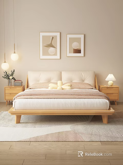 Double Bed With Wooden Frame Upholstered Headboard Nightstands And Decorative Paintings In Cozy Bedroom 3d model 