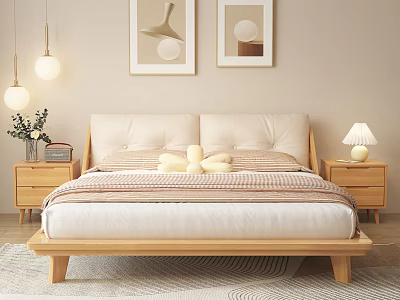 Double Bed With Wooden Frame Upholstered Headboard Nightstands And Decorative Paintings In Cozy Bedroom 3d model