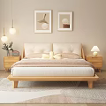 Double Bed With Wooden Frame Upholstered Headboard Nightstands And Decorative Paintings In Cozy Bedroom