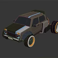Low Poly Style Brown Car With Blue Stripe White Orange Wheels And Roof Rack