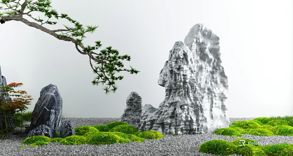 Traditional Karesansui Zen Garden With Rock Formations Moss Gravel And Pine Branch 3d model 