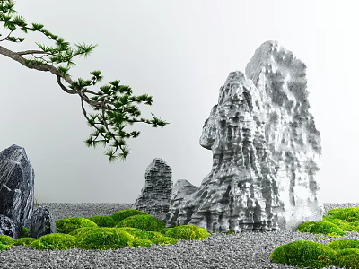 Traditional Karesansui Zen Garden With Rock Formations Moss Gravel And Pine Branch 3d model