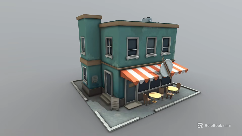 Cartoon Style Teal Colored Two Story Building With Orange White Striped Awning And Tables Chairs 3d model 