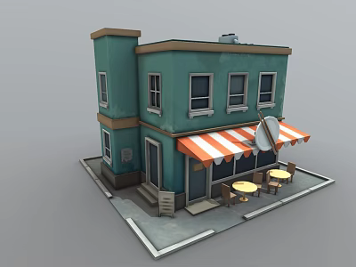 Cartoon Style Teal Colored Two Story Building With Orange White Striped Awning And Tables Chairs 3d model