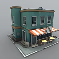 Cartoon Style Teal Colored Two Story Building With Orange White Striped Awning And Tables Chairs