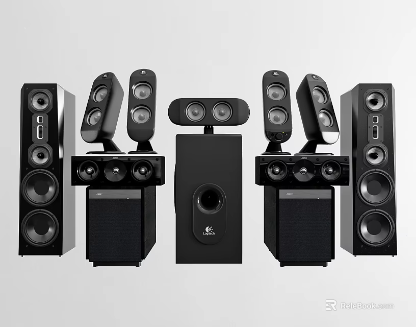 Home Theater Speaker System With Floor Standing Bookshelf Center Surround Speakers And Subwoofer 3d model 