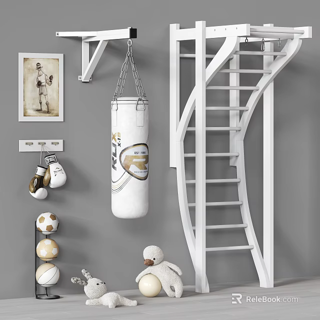 White Stuffed Doll In Kids Playroom With Spiral Staircase Punching Bag And Balls 3d model 