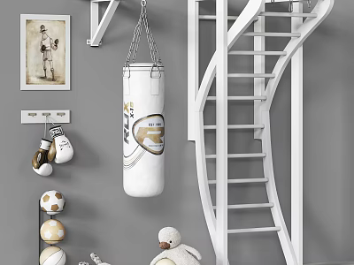 White Stuffed Doll In Kids Playroom With Spiral Staircase Punching Bag And Balls 3d model