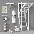 White Stuffed Doll In Kids Playroom With Spiral Staircase Punching Bag And Balls