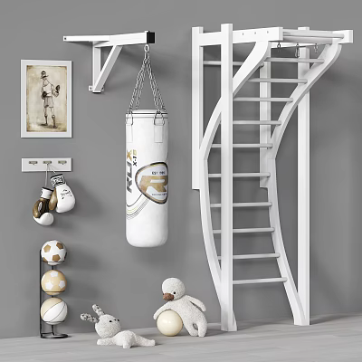 White Stuffed Doll In Kids Playroom With Spiral Staircase Punching Bag And Balls 3d model