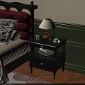 Dark Wooden Bedside Table With Table Lamp Teacup And Books Near Green Wall
