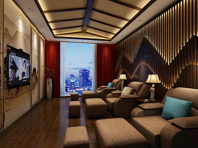 Modern SPA Sauna Interior With Comfortable Sofa TV City View Wooden Decor and Large Window 3d model