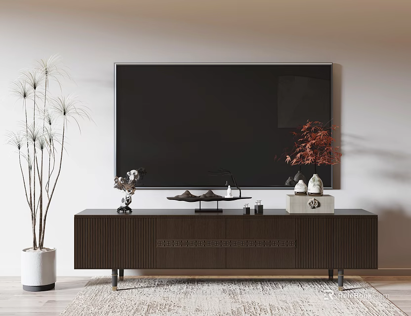 Modern Living Room TV Stand With Large TV Decorative Items Tall Green Plant And Light Rug 3d model 