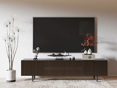 Modern Living Room TV Stand With Large TV Decorative Items Tall Green Plant And Light Rug 3d model