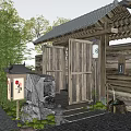 Traditional Japanese Wooden Entrance Gate With Tiled Roof Bamboo Plants And Stone Lantern